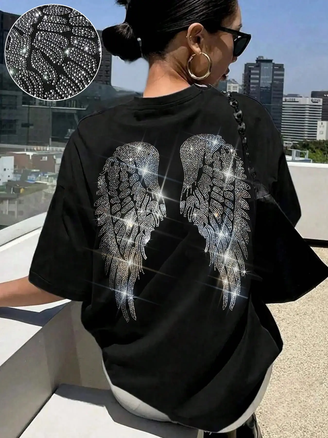 Women's Street Style Rhinestone Decor Round Neck Short Sleeve T-Shirt, Casual Loose-Fitting Top, Perfect for Daily Wear, Ideal Gift