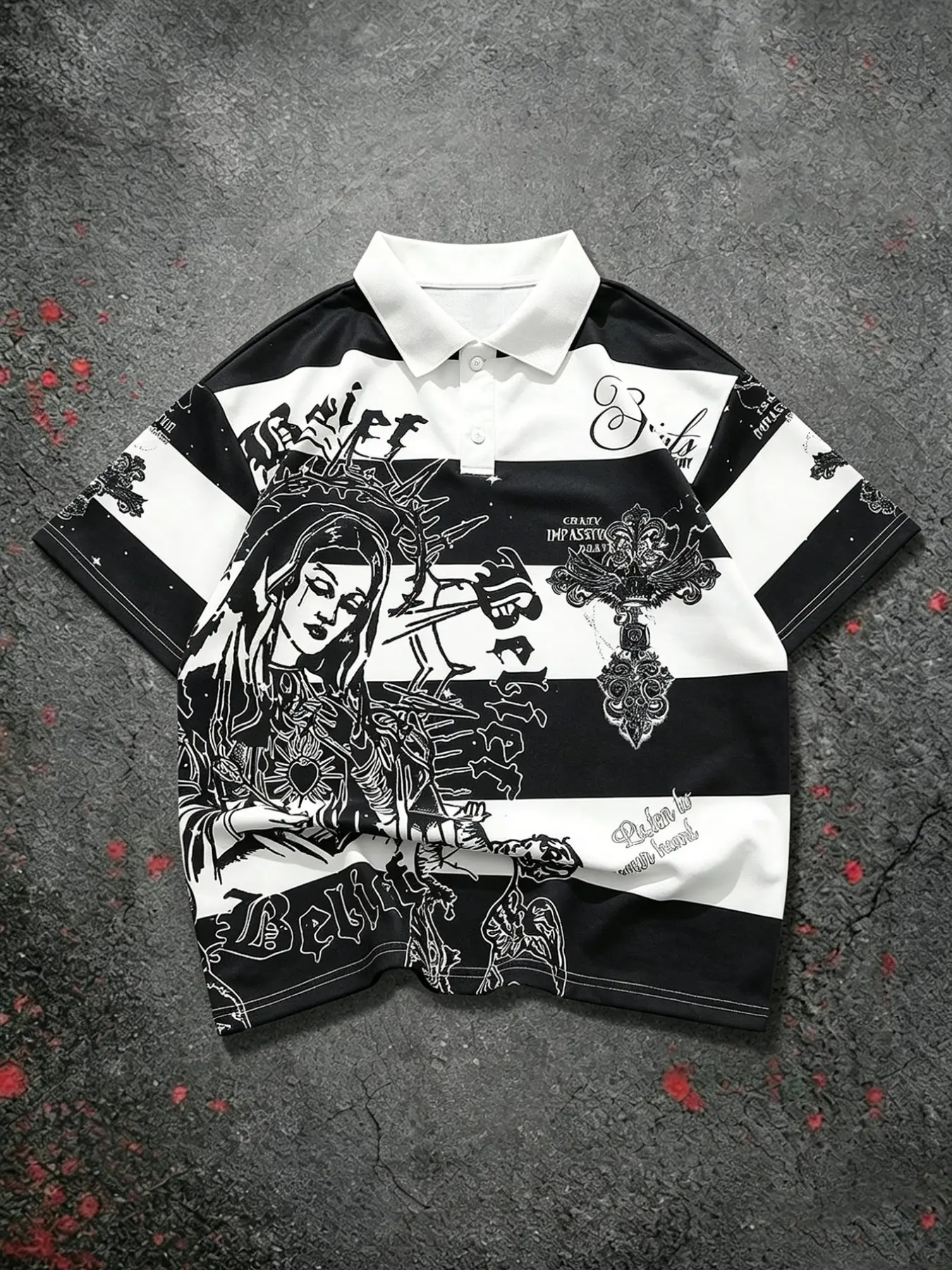 Dark Gothic Religious Print Striped Polo Shirt, Vintage Bold Horizontal Lines, American Streetwear Casual Top, Retro Classic Fashion Apparel