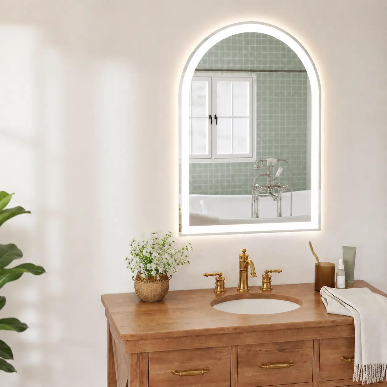 Arch-Shaped Smart LED Bathroom Mirror, Wall-Mounted Anti-Fog Vanity Mirror with Dual Light Strips, 3 Color Temperatures, Stepless Dimming & Memory Function, Illuminated Mirror for Modern Bathrooms