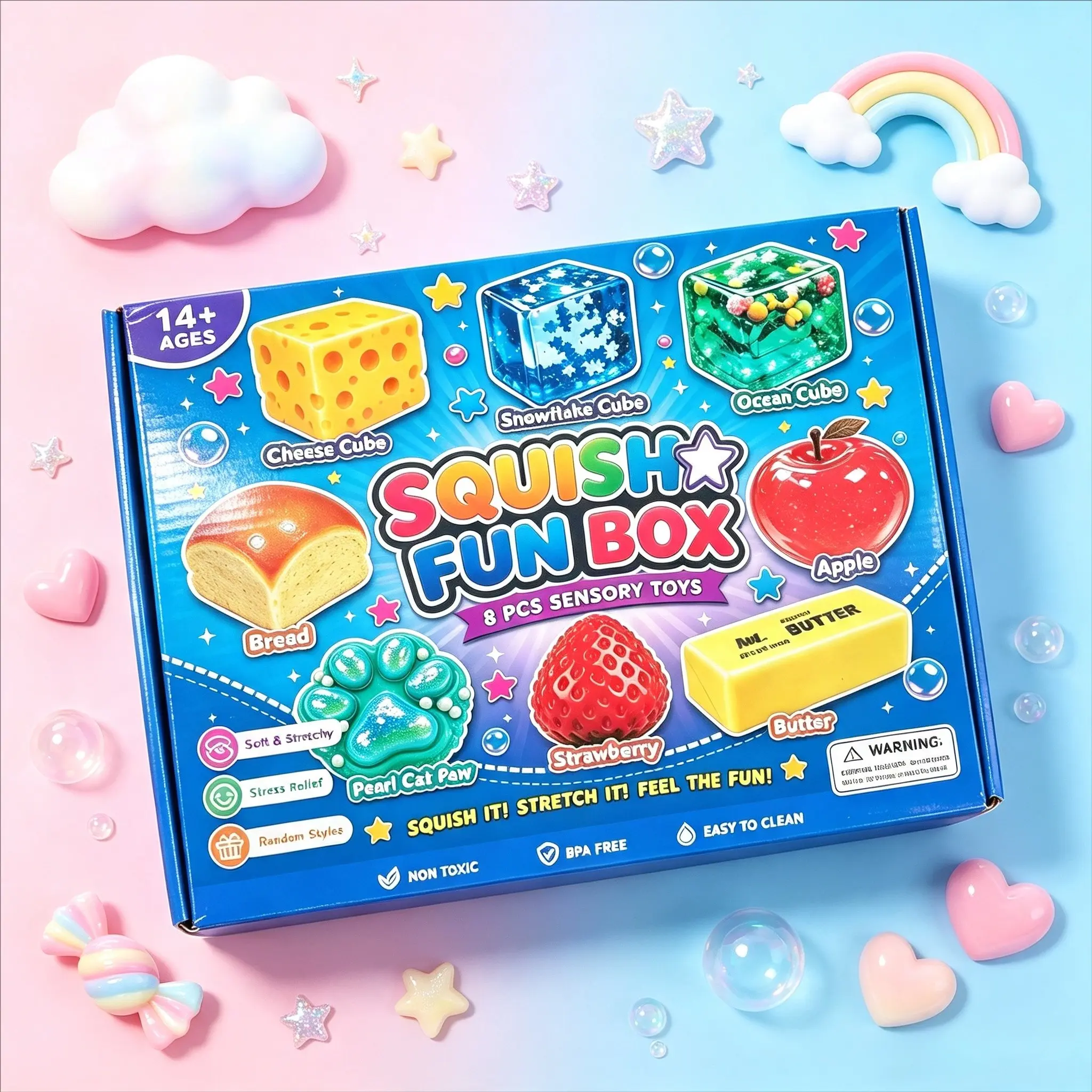 8 Piece Mystery Soft Box Stress Relief Toy Blind Box, Food Shape Jelly Gel Squeeze Fun, Kids Adult Sensory Toy Birthday Gift, Jelly Squishy