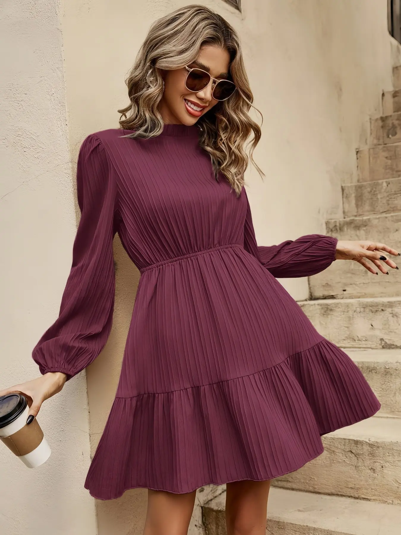 Women's Half High Neck Long Sleeve Bubble Hem Vertical Stripe Textured Short Dress, Elastic Waist Ruffle Layered Skirt, Casual A-Line Dress