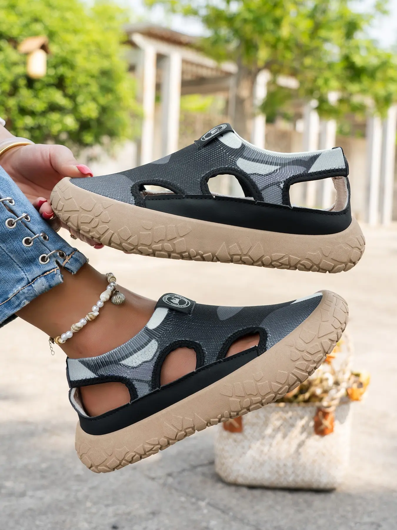 Rainbow Striped Hollow Out Shoes, Breathable Thick Sole Casual Walking Sandals, Textile Upper PVC Sole, Wide Fit All Seasons
