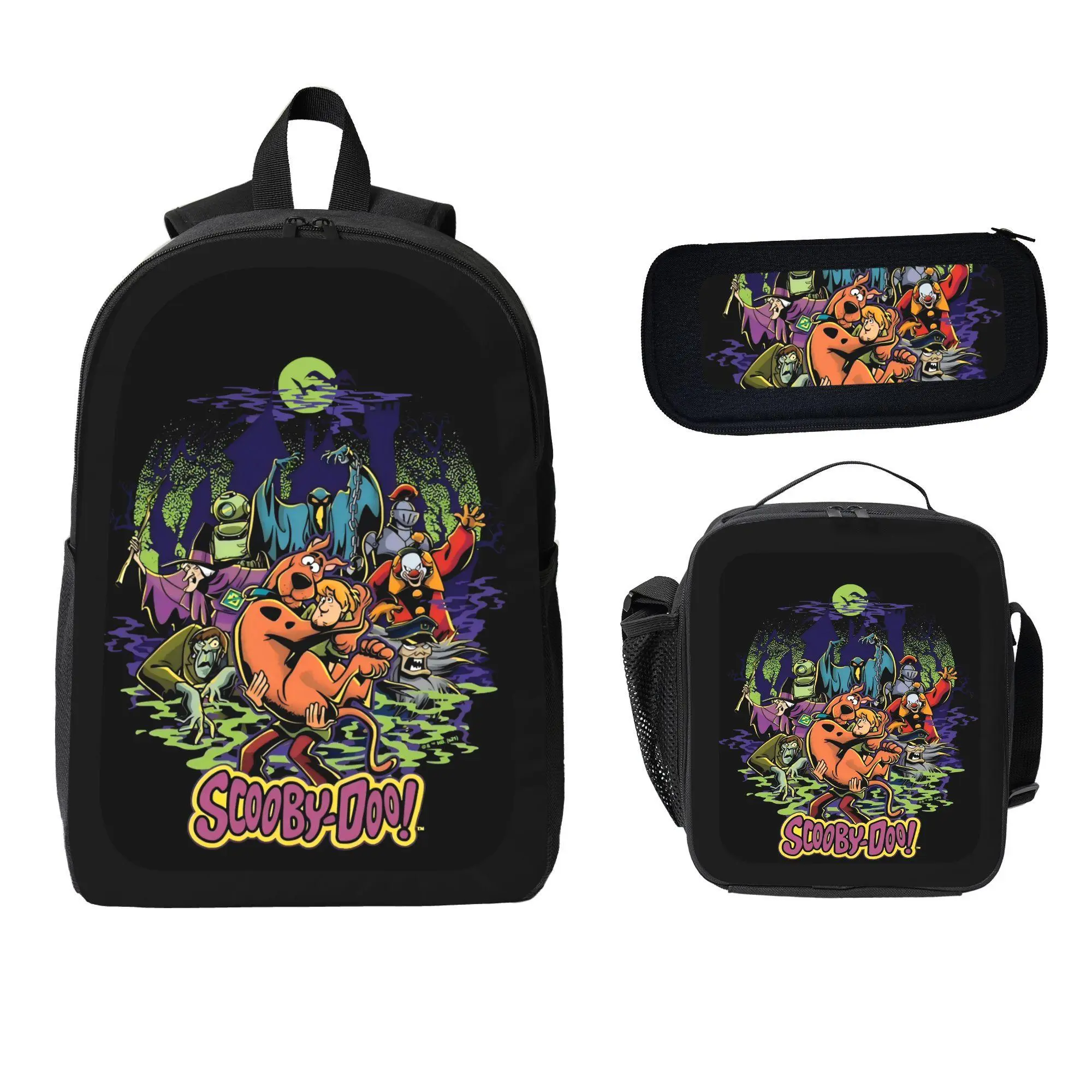 Scooby-Doo Theme Cartoon Print Backpack Set - Black Unisex 3-Piece Bundle with Zip Backpack, Pencil Case, Insulated Lunch Bag for Fans, Insulation, Retro, Graphic, Character Backpacks, Everyday