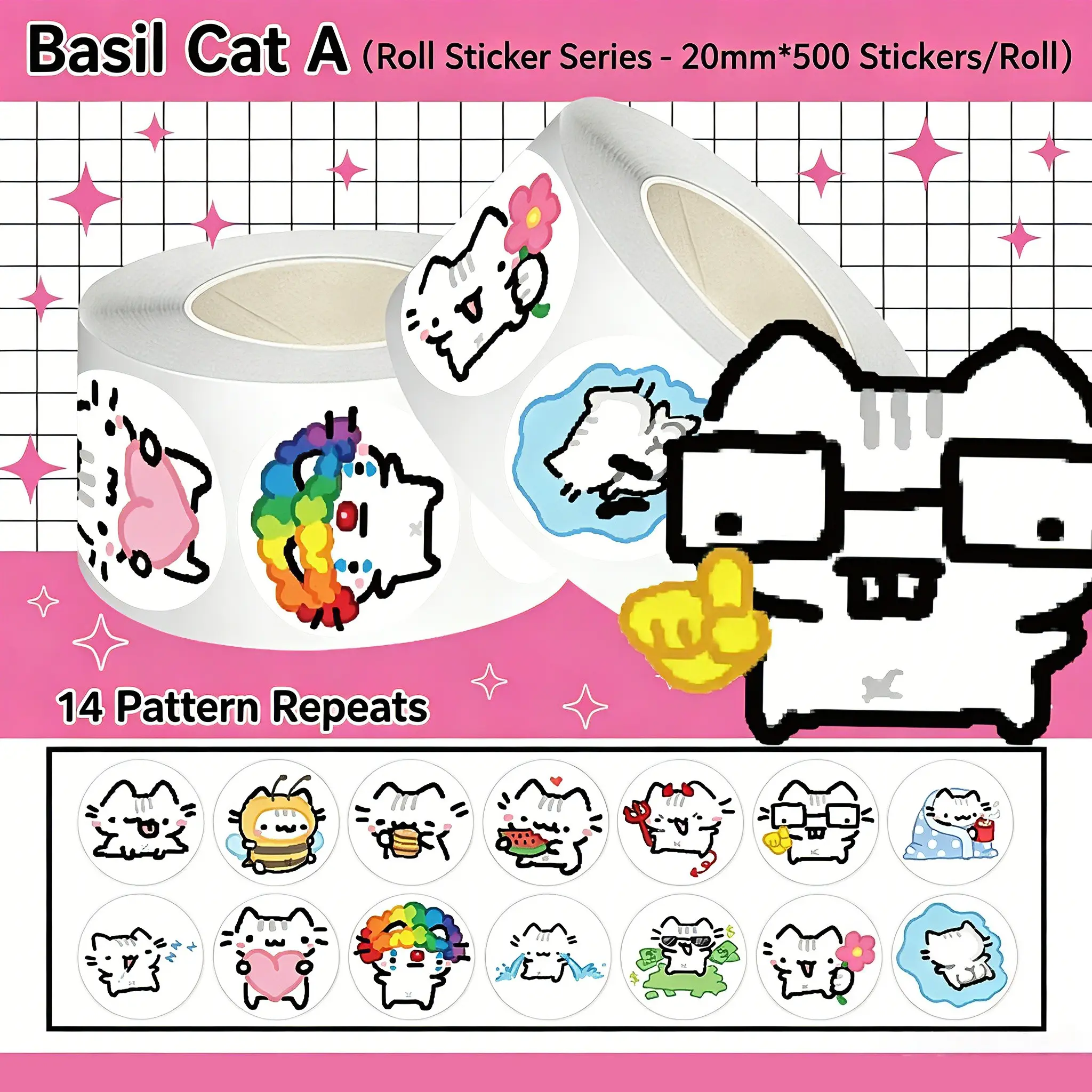 500Pcs Basil Kitten Sticker Roll – Cute Quirky Sealing Decals, Aesthetic Stickers for DIY Decor & Birthday Gifts