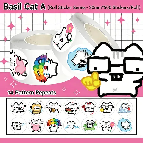 500Pcs Basil Kitten Washi Roll Stickers, Cute Animal Stickers, Cute Cartoon Cat Decorative Stickers for Junk Journal Planner DIY Crafts Scrapbooking Stickers Laptop Water Bottle Y2K Stationery Decorations