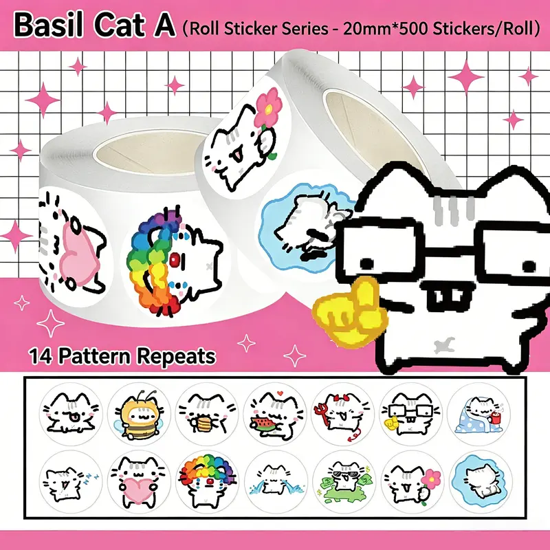 500Pcs Basil Kitten Washi Roll Stickers, Cute Animal Stickers, Cute Cartoon Cat Decorative Stickers for Junk Journal Planner DIY Crafts Scrapbooking Stickers Laptop Water Bottle Y2K Stationery Decorations
