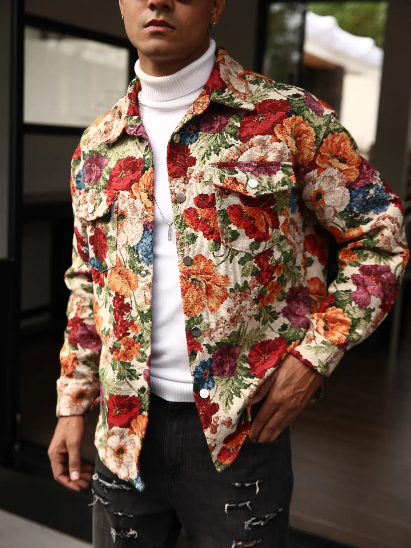American Vintage Floral Jacquard Long Sleeve Work Jacket, Rose Print Dual Chest Pockets, Men's Street Style Casual Outerwear, Versatile Daily Wear, Everyday Jackets, Menswear