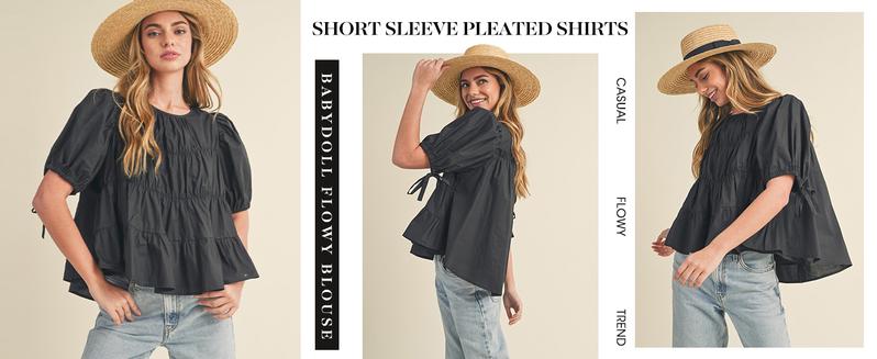 Imily Bela Womens Puff Sleeve Peplum Babydoll Tops Summer Smoked Pleated Cotton T-Shirts Casual Loose Fit Flowy Blouse