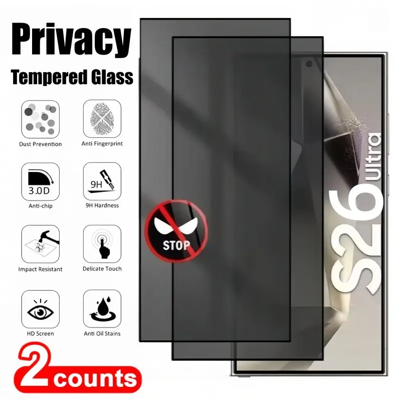 2pcs Privacy Ceramic Screen Protector, Full Coverage, Anti-Spy, Easy Installation, SamsungGalaxy S26 Ultra/S26 plus/S26/S25 Ultra/S 24Ultra/S23/S22/S21/ Plus/ FE/Edge Series, Anti-Glare, Finger Unlock