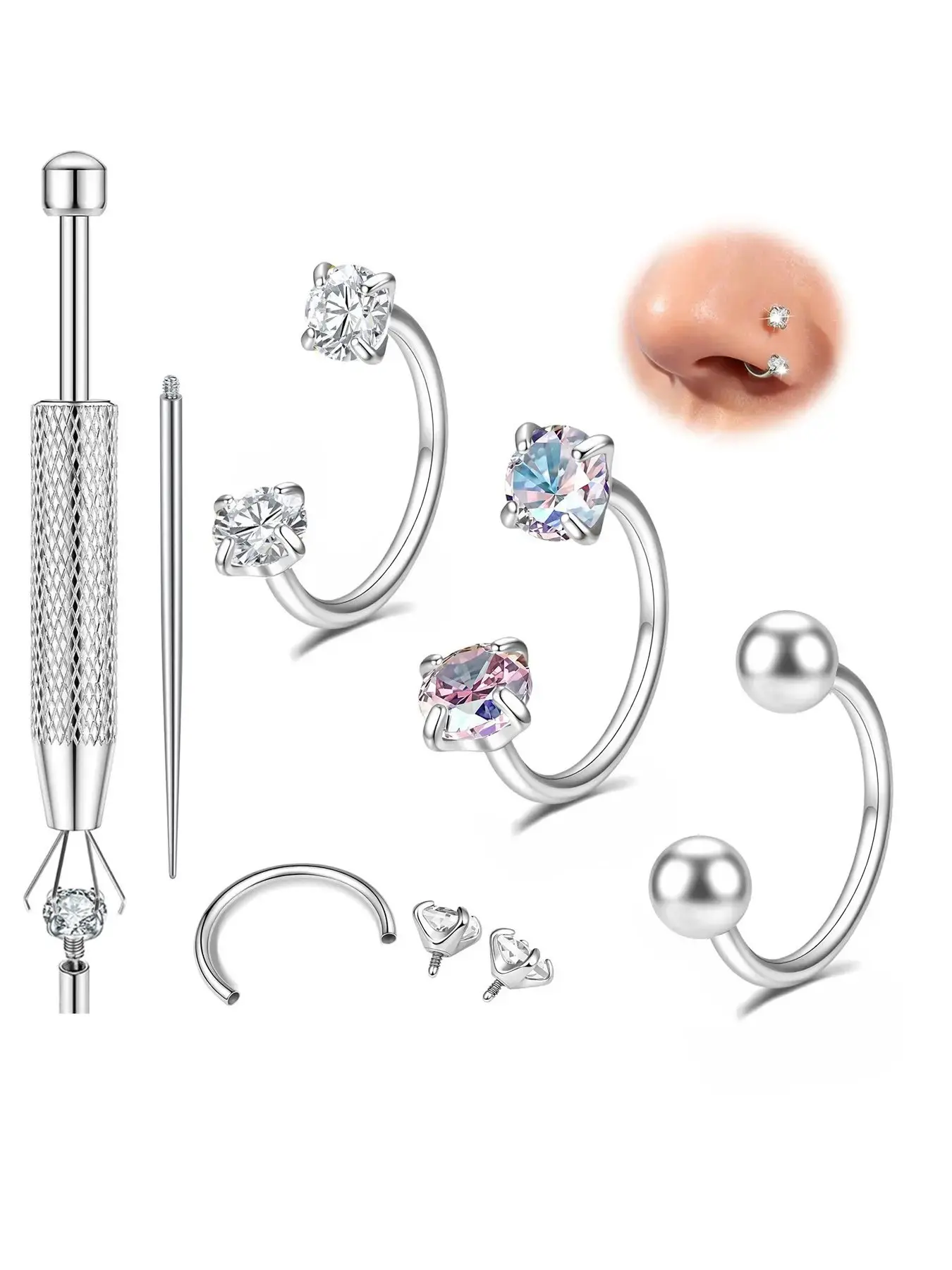 Cute Horseshoe Nose Ring, Gold Silver Nose Rings Hoops with Double CZ Gems, Hypoallergenic Septum Ring for Women Men, Small Cartilage Helix Tragus Daith Labret Piercing Jewelry 20G/18G 8mm Helix Pierced Ring