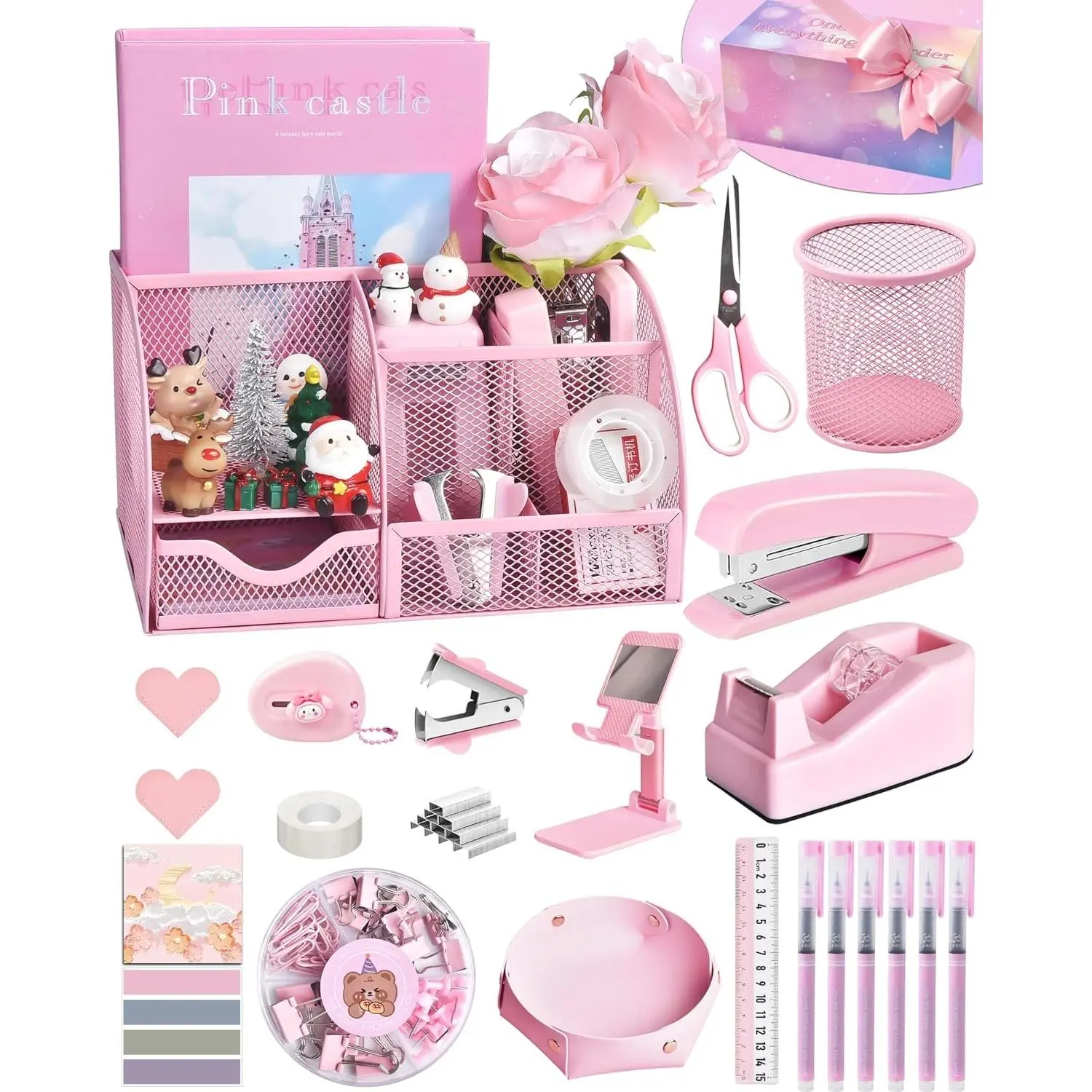 24Pcs Pink Desk Accessories Office Supplies Desk Organizers with Tape Dispenser Stapler Staple Remover Gift Box Packaging