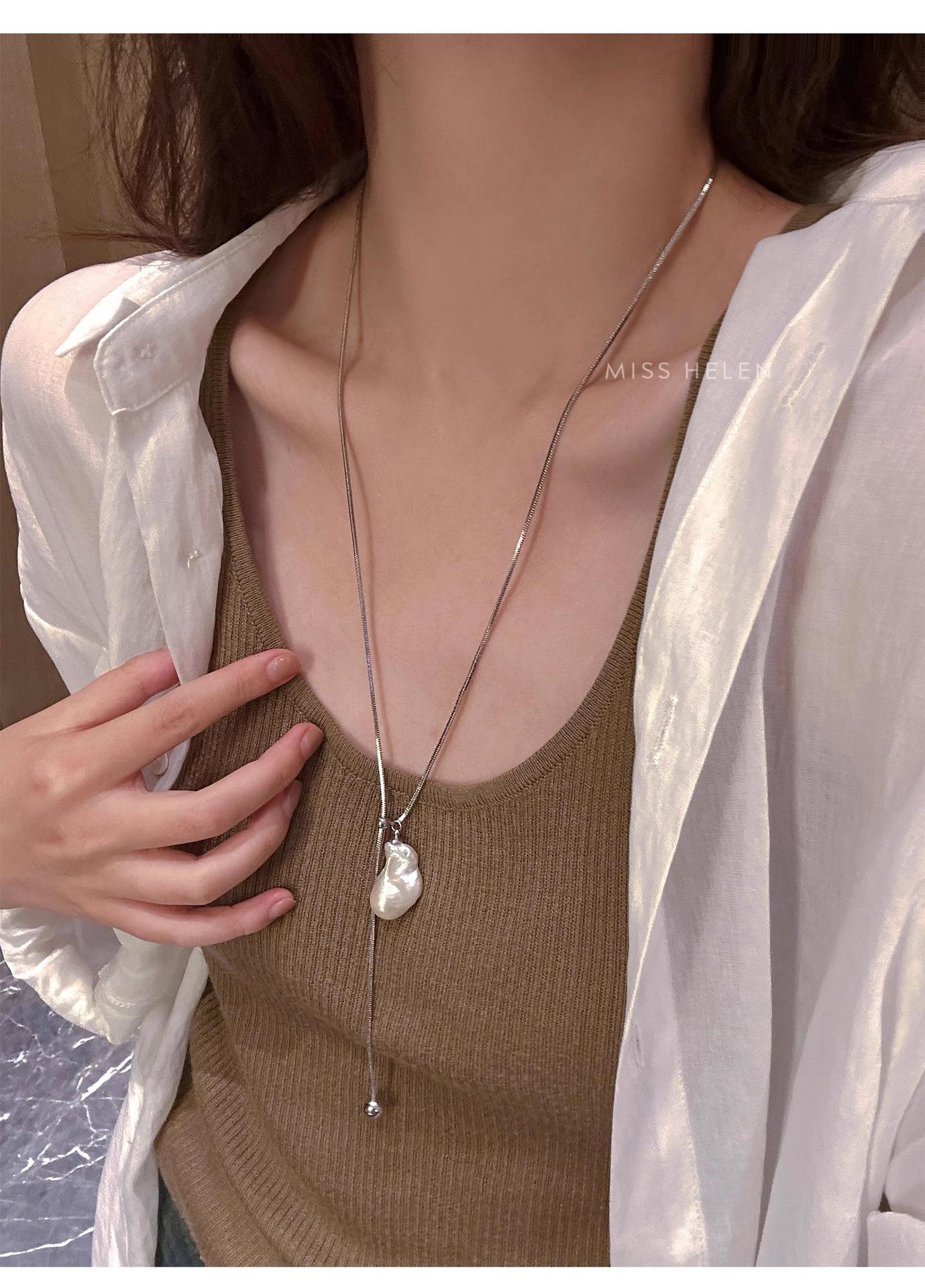 Women's Silver Gourd Bead Adjustable Necklace, Exquisite Baroque Bead Tassel Necklace