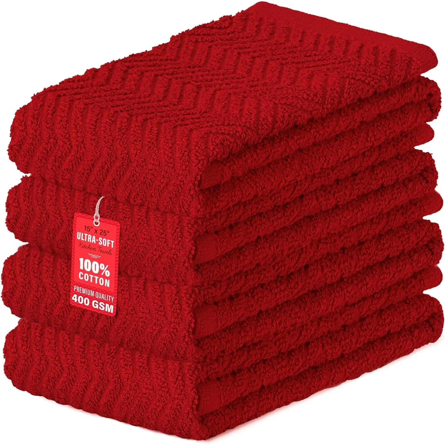 100% Cotton Kitchen Towels 15x25 in, Red Set (Pack of 4)