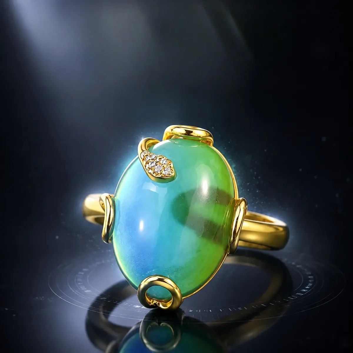 unisex mood ring, thermal color changing ring for men women, vintage gold statement ring, adjustable open band ring, oval glass cocktail ring, retro finger jewelry, blue green gradient mood jewelry, one of a kind unique ring, leaf CZ accent fashion ring,