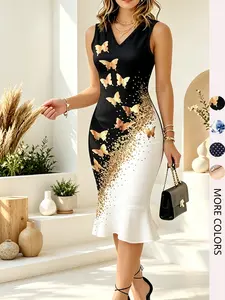 Women's V Neck Fitted Printed Dress, Elegant Chic Waist-Cinch Fish Tail Knit Dress, Stretchy Casual Vacation Wear, All-Over Print Style
