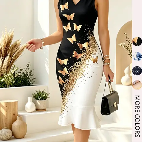Elegant V-Neck Butterfly Print Dress, Fitted Waist Slimming Fish Tail Knit Dress, Stretchy Casual Party Wear, All Seasons Fashion