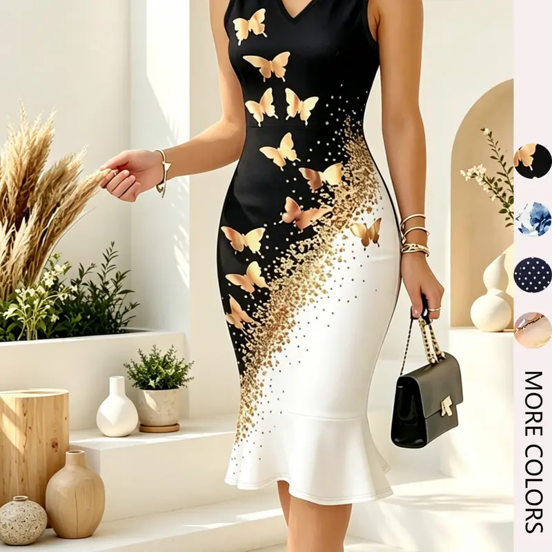 Elegant V-Neck Butterfly Print Dress, Fitted Waist Slimming Fish Tail Knit Dress, Stretchy Casual Party Wear, All Seasons Fashion