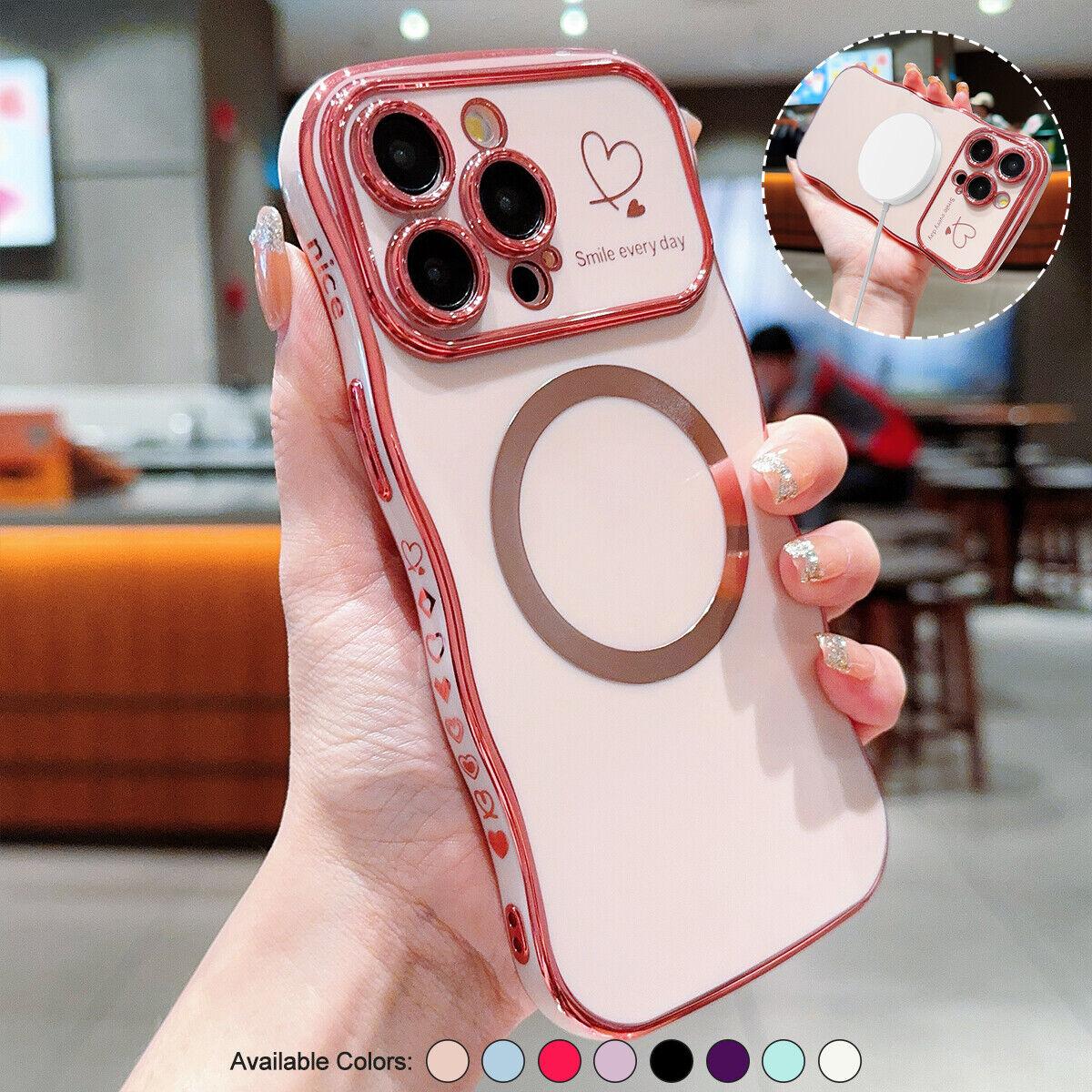 for iPhone 12 13 14 15 16 Pro Max Case Magnetic,for Women Girls Soft Cute Wave Frame Curly Shape Love Heart Luxury Plating Phone Case Compatible with MagSafe Shockproof Back Cover