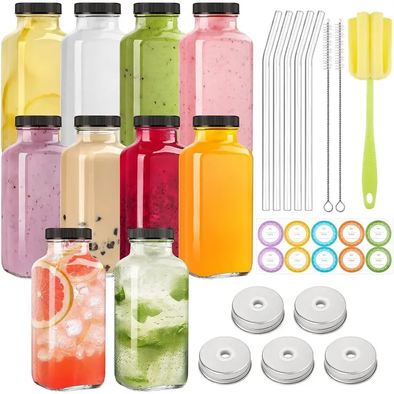 10 Pack 8oz Reusable Glass Juice Bottles, Leakproof Travel Containers with Straws & Hole‑In Lids, Portable Glass Water Jars for Juicing, Smoothies, Homemade Cold Beverages