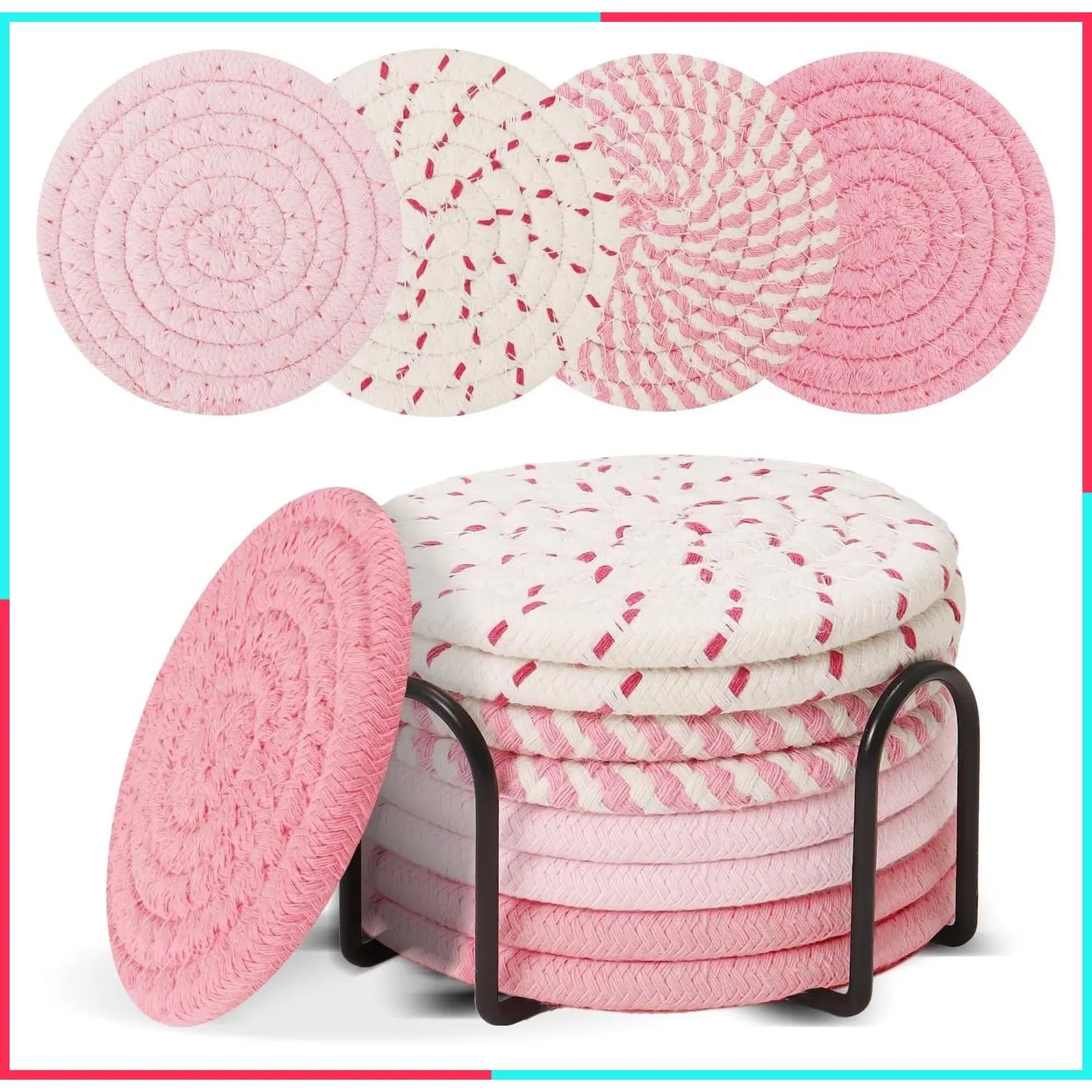 Pink Coasters Set of 8 with Holder – 4 Color Cotton Rope Drink Coasters