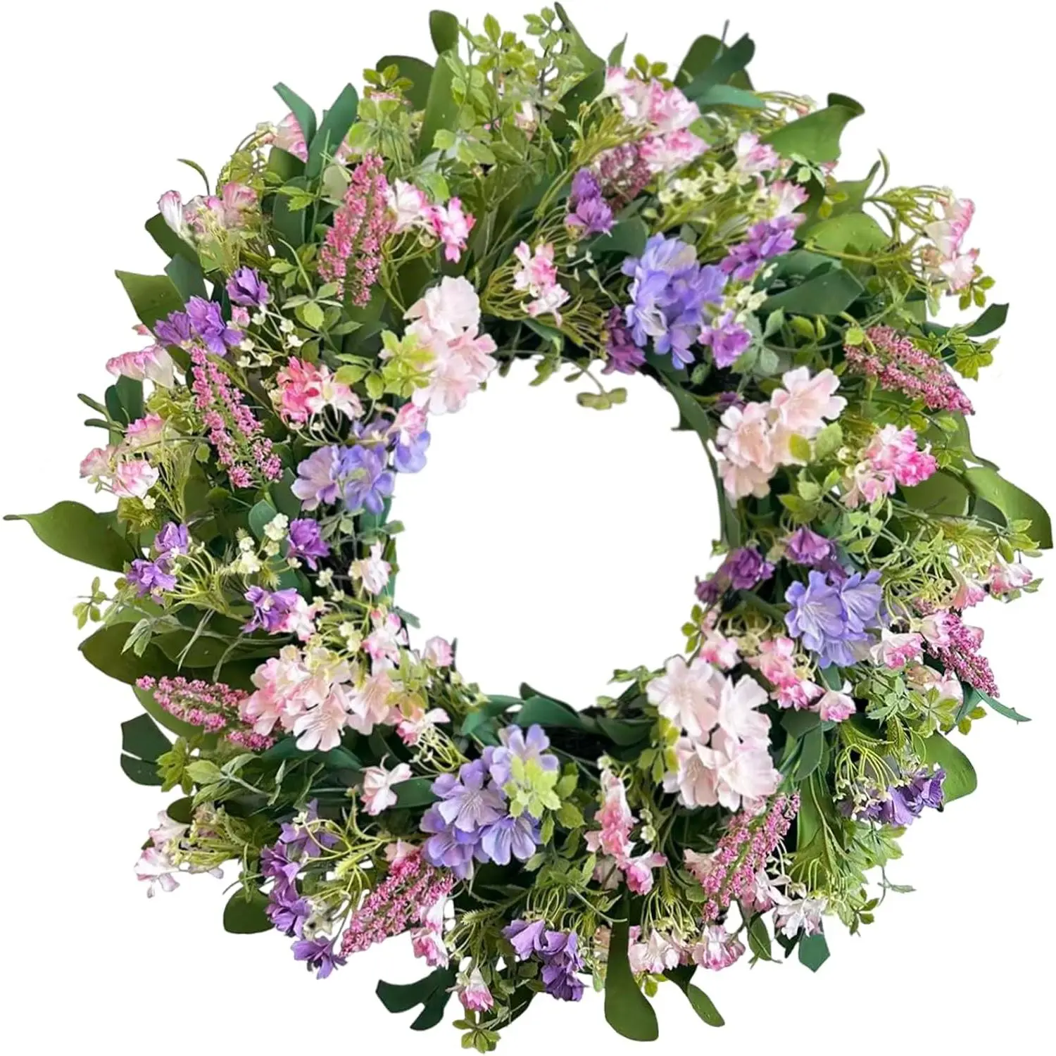 24 Inch Summer Wreaths for Front Door,   Hydrangea Wreath with Wildflowers  Forsythia, Artificial Silk Floral Wreath  Rustic Decor for Outdoor Wall Window