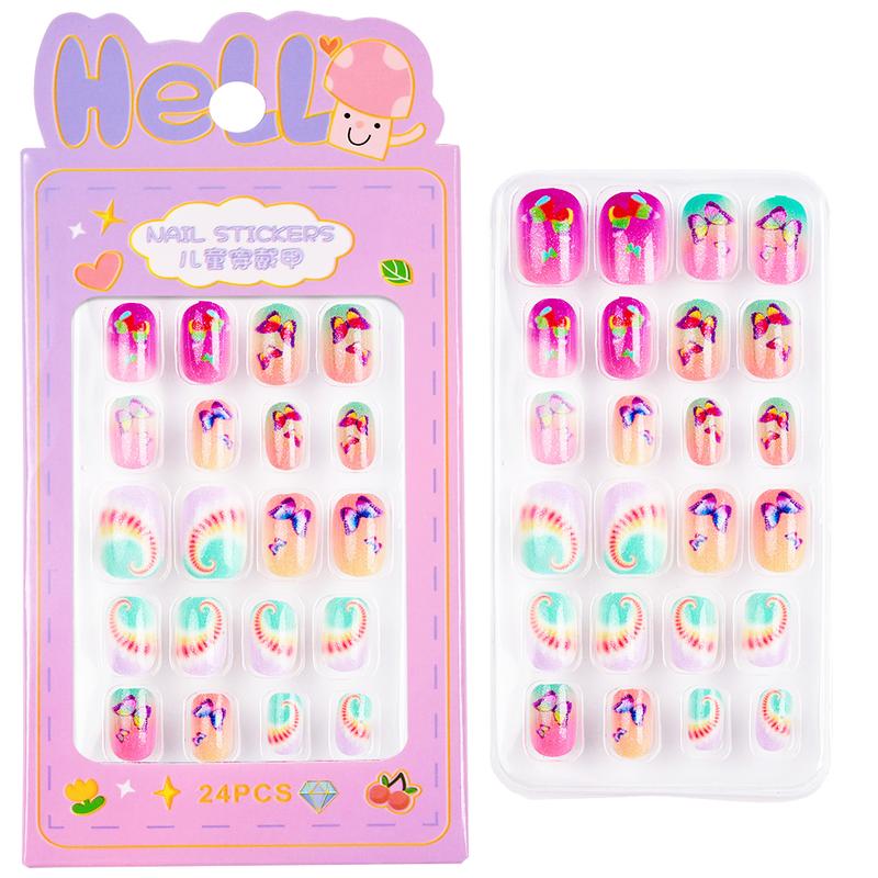 24Pcs/Box Children False Nails Kids Cartoon Girl Press on Nail Short Artificial Fake Nail Safe Full Cover Acrylic Nail Tips Kits