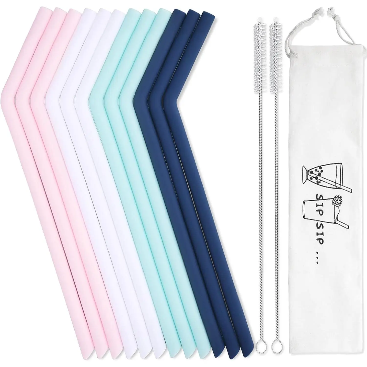 12-Count Bisphenol A (BPA)-Free Reusable Silicone Drinking Straws with Travel Case & Cleaning Tool, 9.6 Inches Long for 30 oz/20 oz Tumblers, Suitable for All Ages for Trips