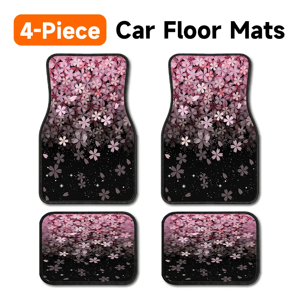 Pink Cherry Blossom Glitter Star Print Car Floor Mats 4 Piece Set, Luxury Crystal Velvet Soft Plush Universal Fit Auto Carpet Liners, Non-Slip All Weather Easy to Clean Automotive Floor Mats, Cute Car Interior Upgrade Accessories & Custom Car Gift for Sed