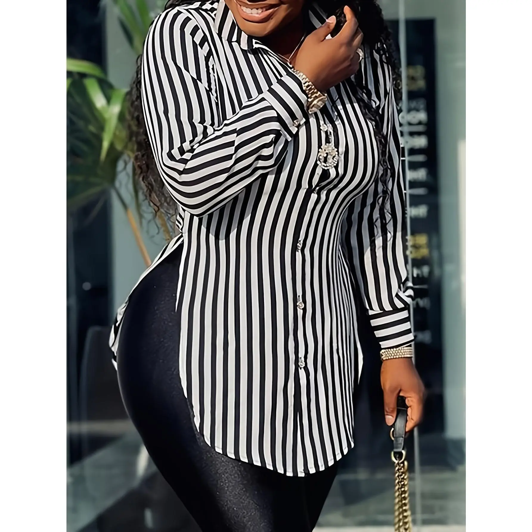 Women's Plus Size Elegant Striped Blouse - Long Dolman Sleeves, Lapel, Button Closure, Side-Slit Waist-Length, Casual Polyester Fabric, Flattering Fit, Date Night Top, 1XL Tall Length Shirt, Do Not Dry Clean