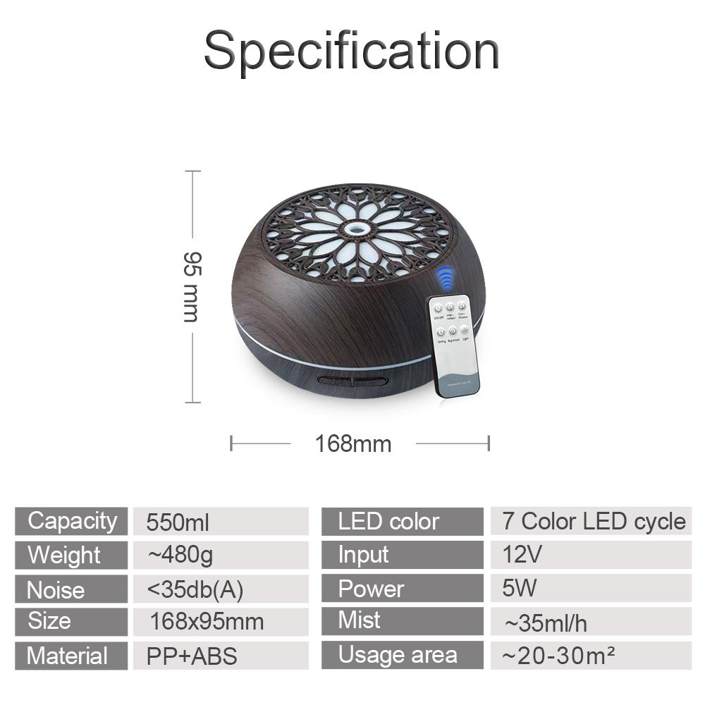 Wood Grain Aroma Diffuser Humidifier 550ml, Ultrasonic Waterless Fragrance Oil Diffuser with Remote, Essential Oil Aroma Diffuser for Home Humidifiers, Anxiety & Flower Humidifier, Air Purifier, Auto Shut Off, 6 Oil Bottles Included d is ff user