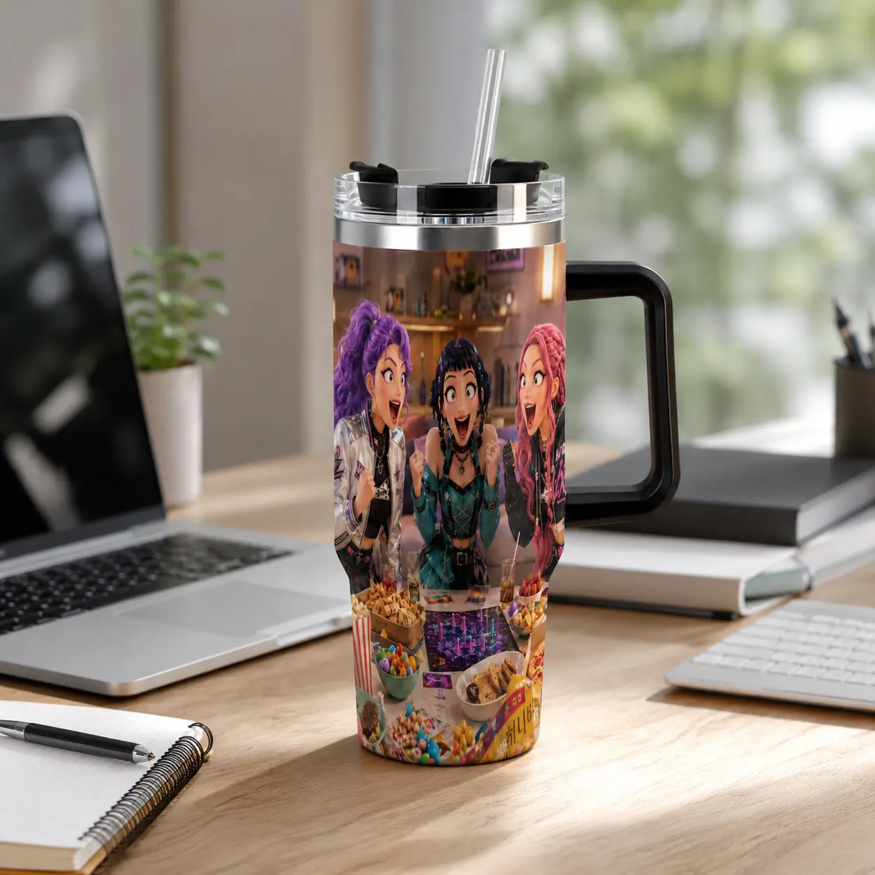 Anime Idol Graphic 40 oz Vacuum Insulated Tumbler with Handle and Straw – Stainless Steel Commuter Mug, Fits Cup Holders Drinkware Flasks