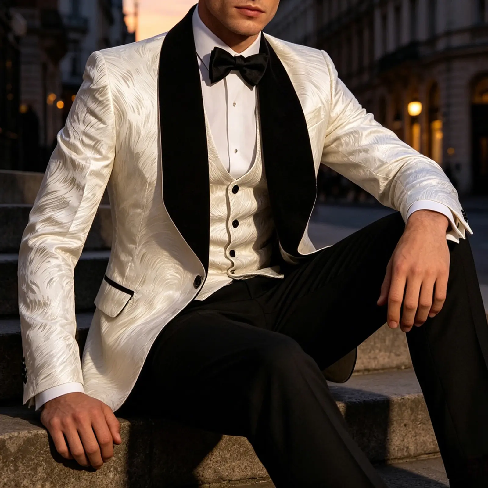 Men 3 Piece Suit White Feather Jacquard Tuxedo Jacket Matching Vest & Black Trousers Black Velvet Shawl Lapel Formal Outfit for Wedding Prom Stage Performance