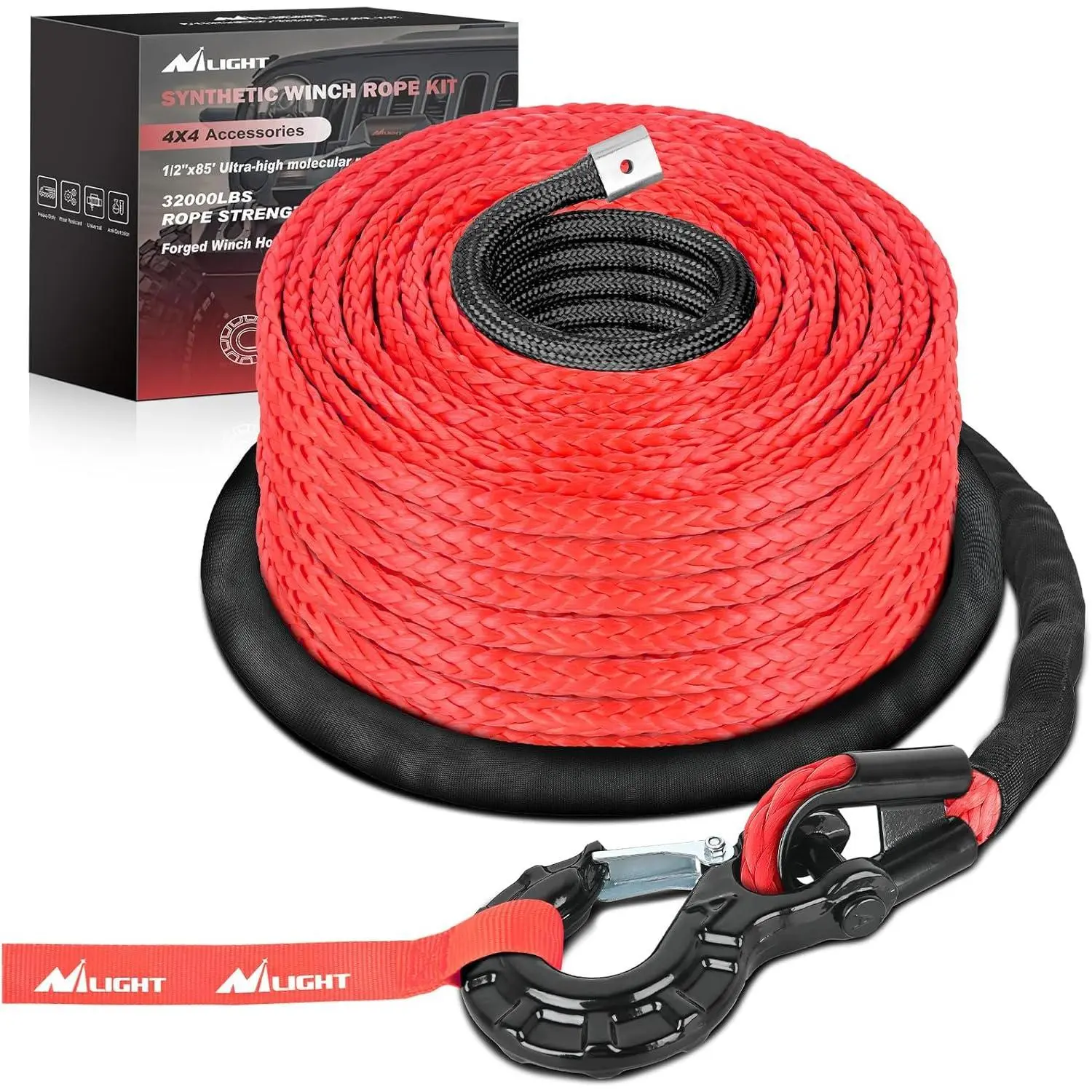 Nilight 1/2 Inch Synthetic Winch Rope 85 Feet 32,000 lbs Line Cable Kit With Thimble Protective Sleeve Forged 35000lb Hook Universal for SUV 4WD Off Road  Truck ATV UTV, Red & Black