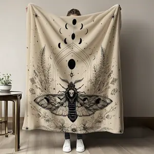 Skull Death Moth Moon Phase Botanical Flannel Blanket Beige Neutral Celestial Witchy Tarot Throw Blanket Dark Academia Cottagecore Mystic Aesthetic Couch Nap Blanket Giftable Occult Gothic Home Decor Blanket