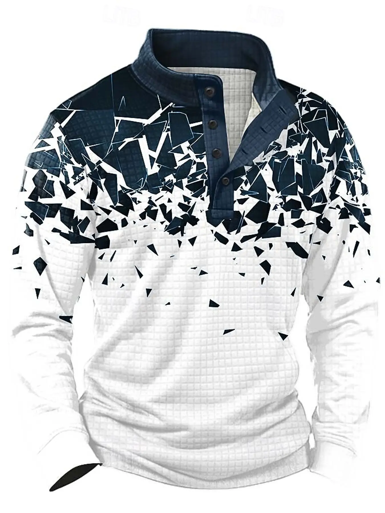 Broken geometric fragment print waffle-knit henley collar sweatshirt