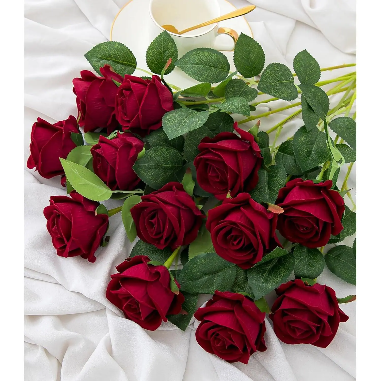 12PCS Artificial Flowers Fake Roses, Realistic Velvet Long Stem Red Roses Bouquet for Wedding Centerpiece Home Decor Party & Valentines (Wine)