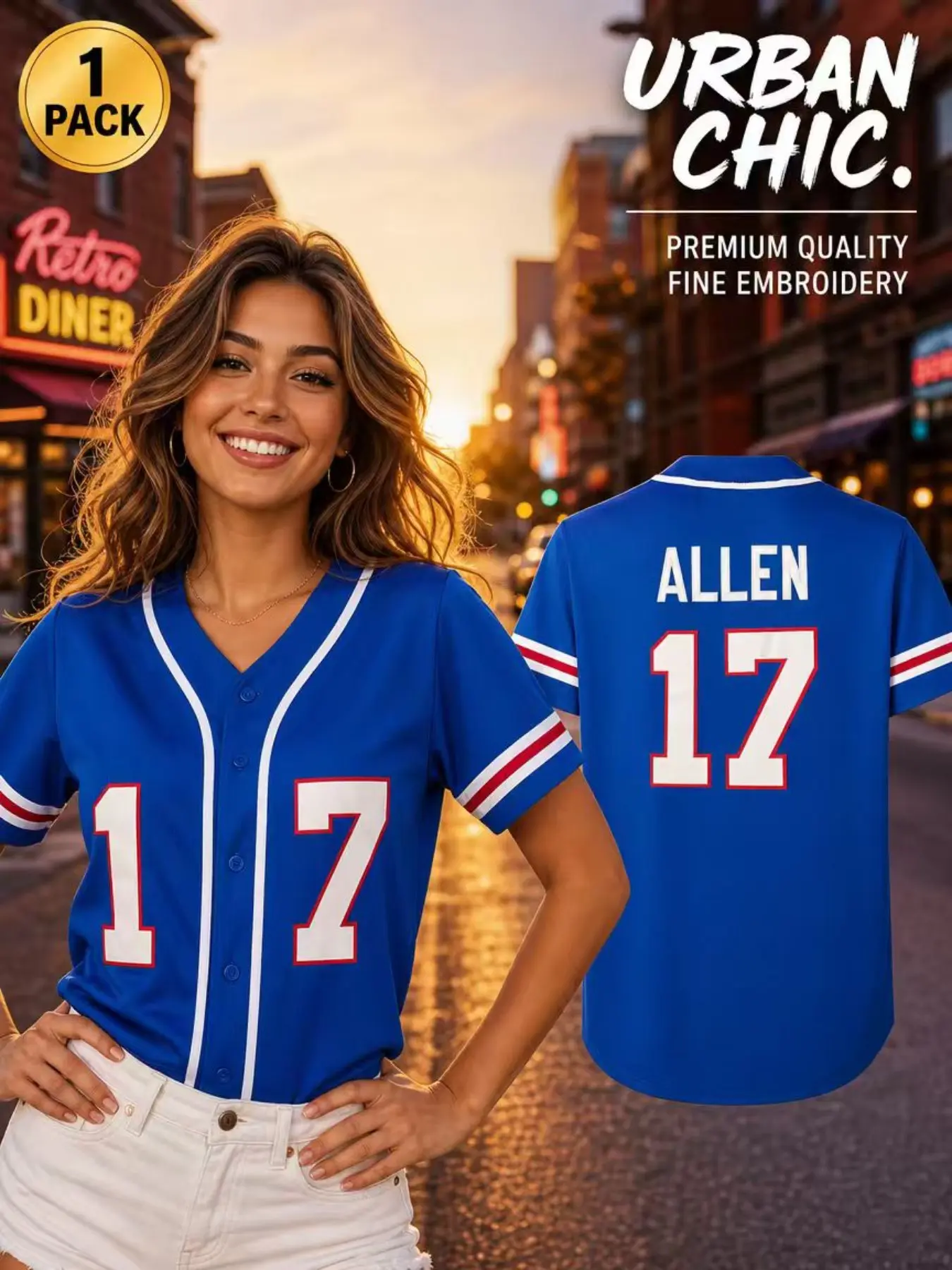 Women's Embroidered Baseball Jersey Blue #17 Short Sleeve V-Neck Button Down Casual Softball Sports Shirt Top