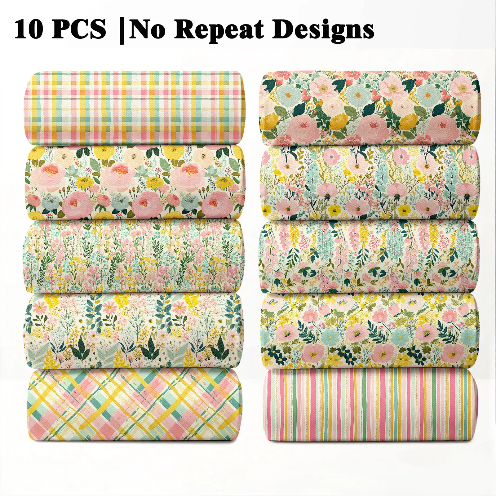 10PCS Pastel Spring Print Fabric Panels, 23x55cm (9x22in) Classic Spring Pastel Pattern Quilting Home Decor DIY