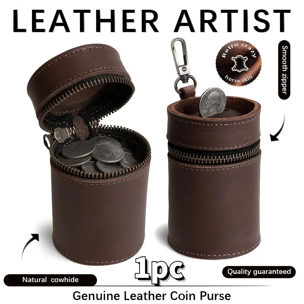 Portable Leather Piggy Bank, Handmade Full Grain Leather, Fits Car Cup Holder, Coin Purse, Coin Storage, Zipper Bag, Small Wallet, Money Clip