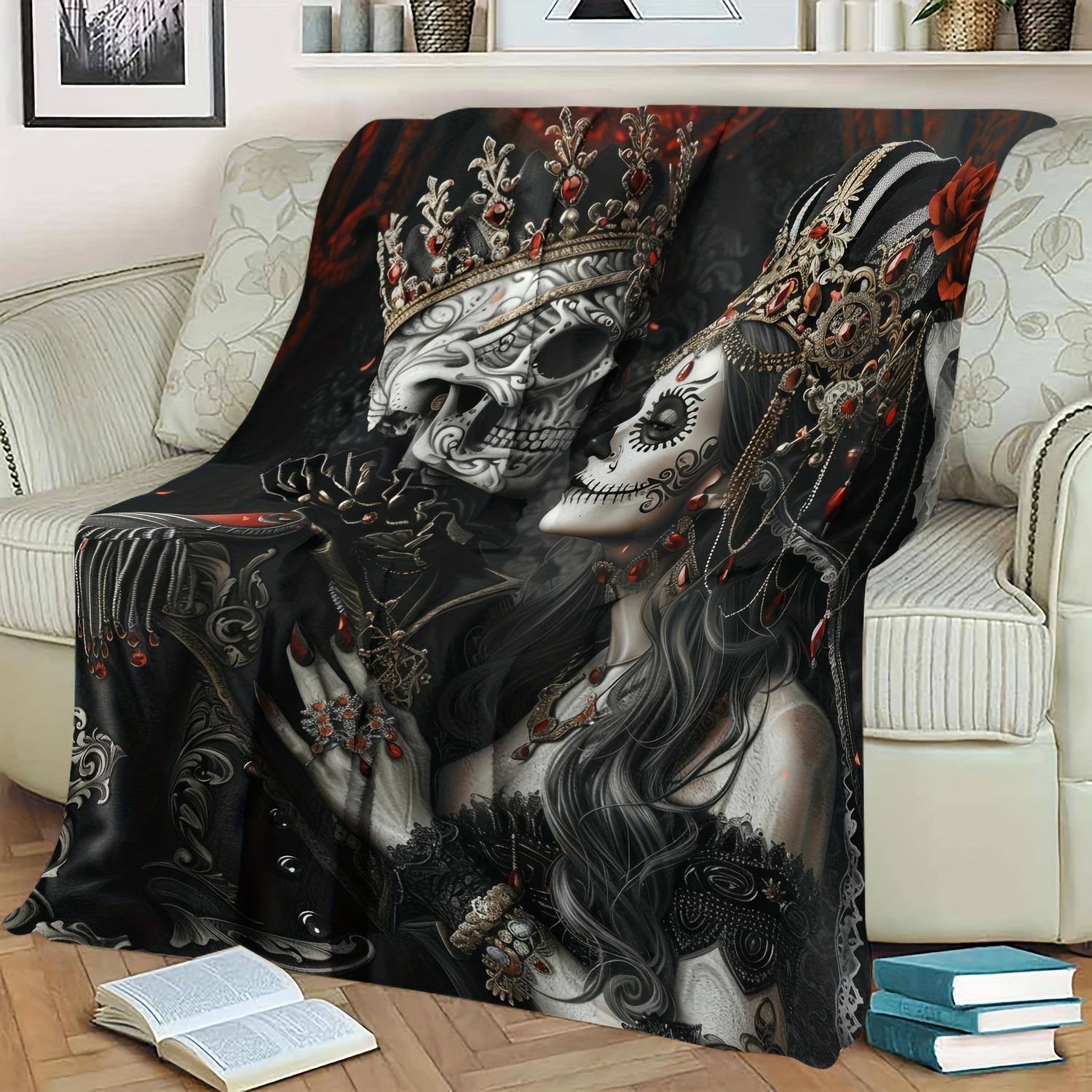1pc Husband Gifts Blanket For Wife Skull Couple Printed Soft Blanket Flannel Blanket Warm Skin-friendly Office Nap Throw Blanket, Sofa Bed Blanket For Halloween