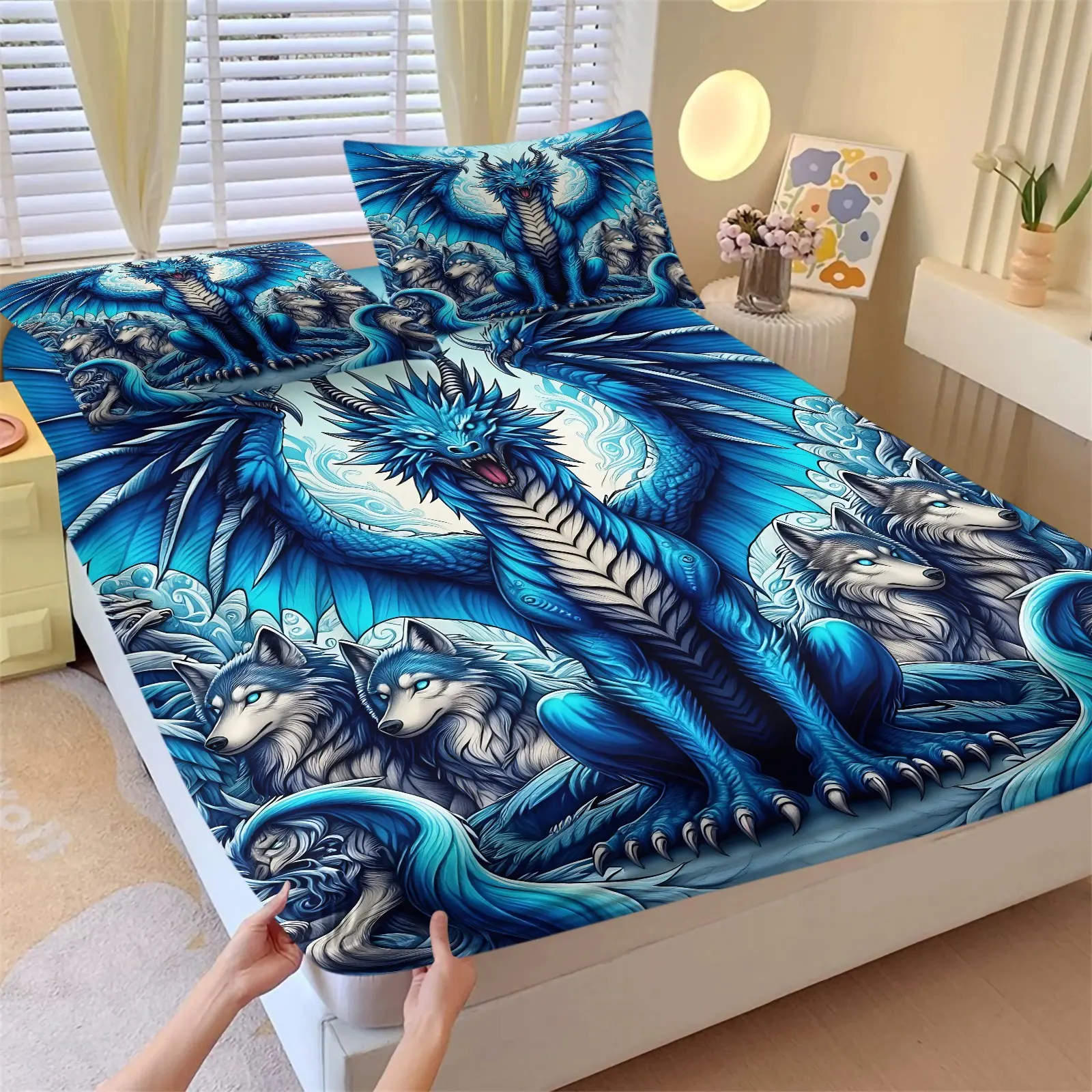 Ice Blue Dragon and Wolf Theme Fitted Sheet Set & 2 Coreless Pillowcases-An Ice-Blue Giant Dragon with Spread Wings and Silver-Gray Wolf-Soft Non-Slip Deep Pocket Mattress Protector-Fantasy Dark Bedroom Decor