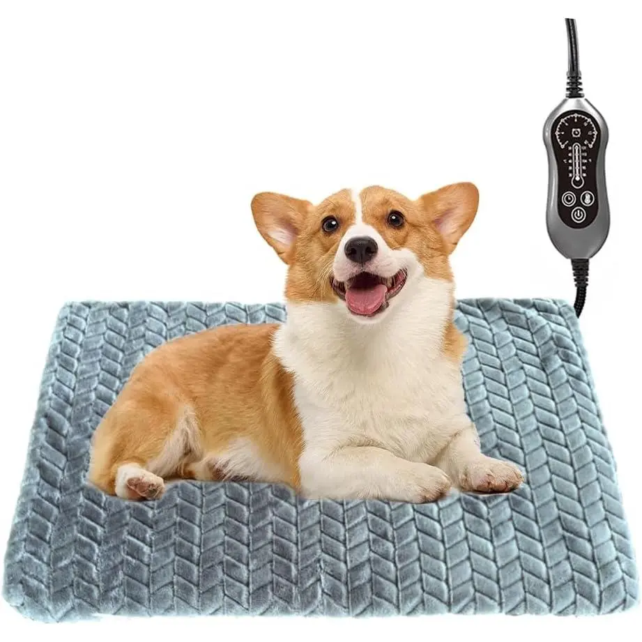 Pet Heating Pad with Vinyl Cover – Temperature-Adjustable Bedwarmer for Puppies/Kittens, Timer Auto-Off, Heavy-Duty Chew-Resistant Cord, Waterproof Heat Therapy Mat (Grey, 18x28in)