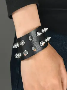 PU Leather Double Row Hex Base Cone Spike Wide Cuff Bracelet, Adjustable Buckle Punk Goth Rock Biker Wristband, Unisex Alternative Streetwear Jewelry for Men Women, Great for Rock Show, Cosplay Party & Halloween Birthday Gift