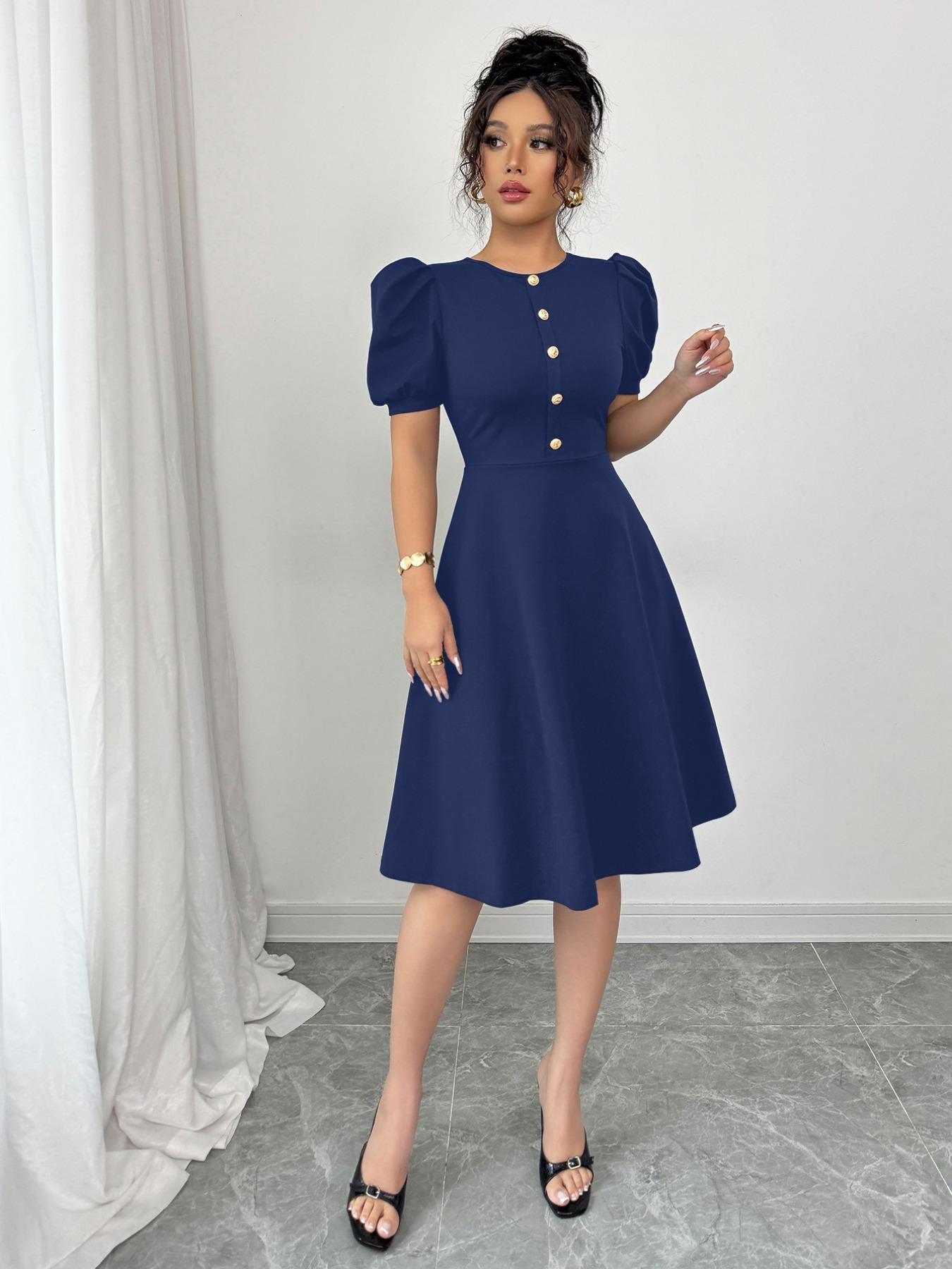 Women's Plain Button Decor Elegant Dress, Elegant Fashion Casual Dress for Daily Outdoor Wear, Women Dress for Summer, Womenswear
