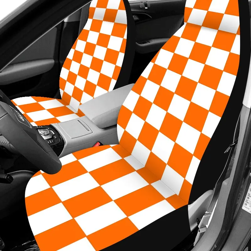 [Car Seat Covers Full Set] Universal Car Seat Covers for 5 Seats | Breathable Washable Car Seat Protector Orange White Checkerboard Pattern Car Seat Sun Cover Car Seat Covers Front Seats 2 Pieces Stylish Auto Interior Decoration