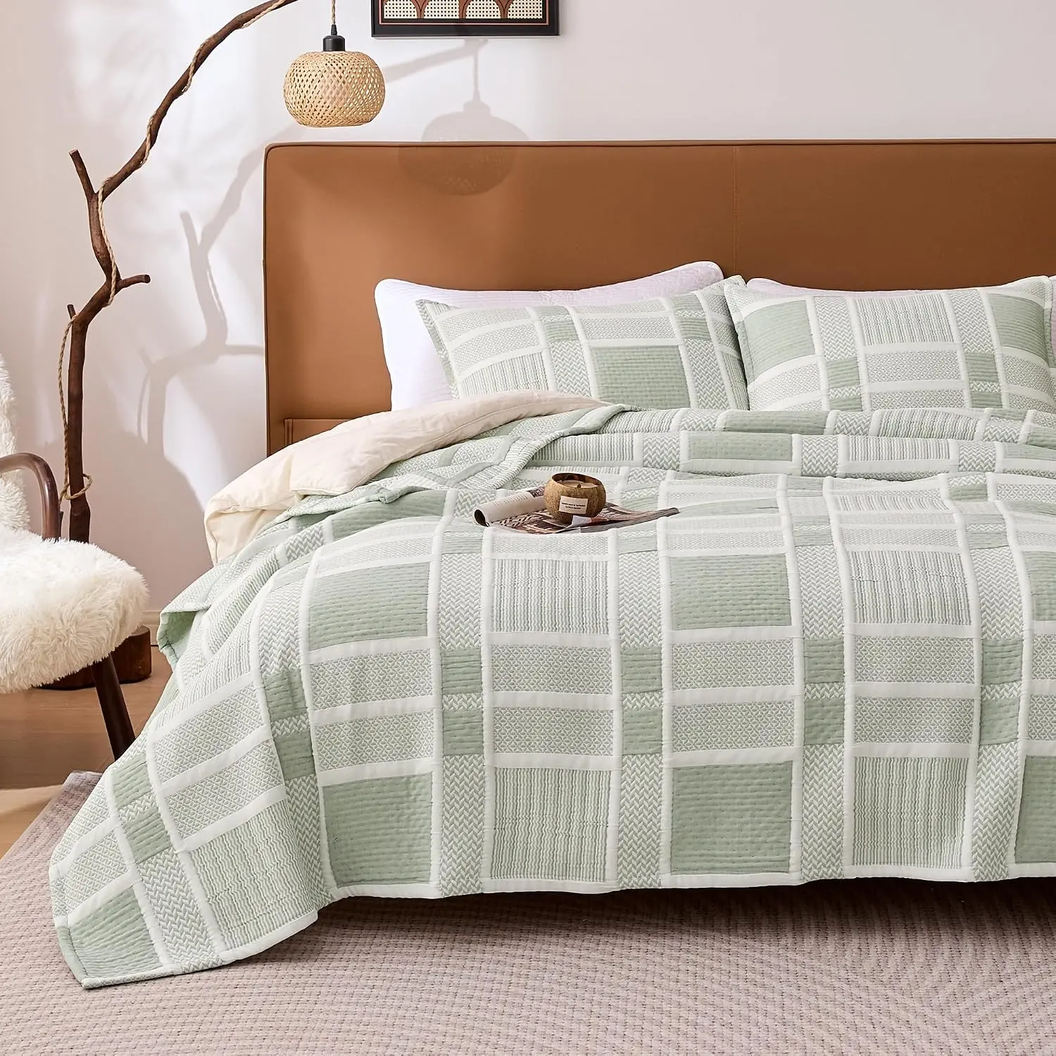 Quilt Set, Asymmetric Lattice Lightweight Jacquard Coverlets Reversible Bedspreads Bedding Set   with 2 Pillow Shams, 3 count, Mint Green