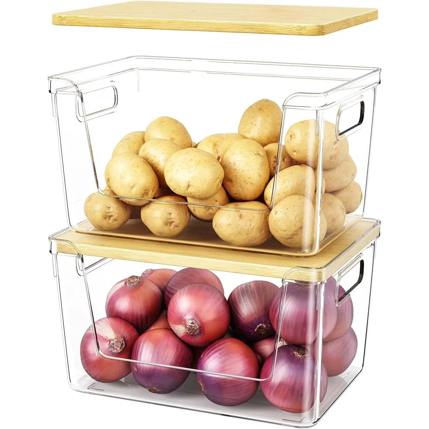 2 Set Pantry Organizer and Stackable Storage Kitchen,Sturdy and Durable Storage Basket for Potato, Onion, Garlic, Fruit, Vegetable, Produce, Clear Plastic Storage with Lid&Handle