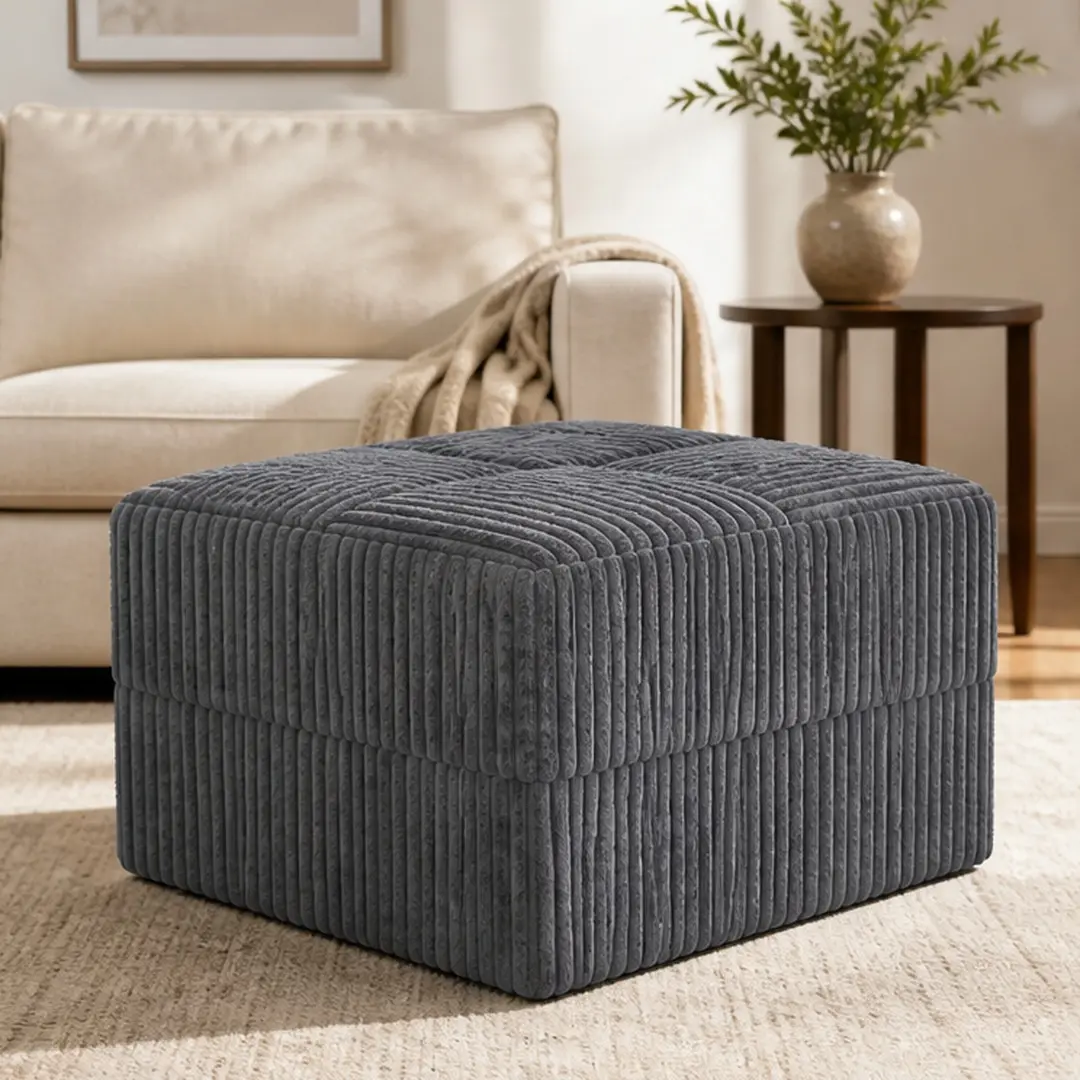 ARCH Modern Minimalist Corduroy Cushion Ottoman Footstool - Compact Space Saver, Memory Foam-Filled, Durable Build, Compressed Design for Living Room/Bedroom, 34 lb, 37.5l x15.35w x12.25h in, Wipe with Damp Cloth, No Assembly Required, Single Box Product