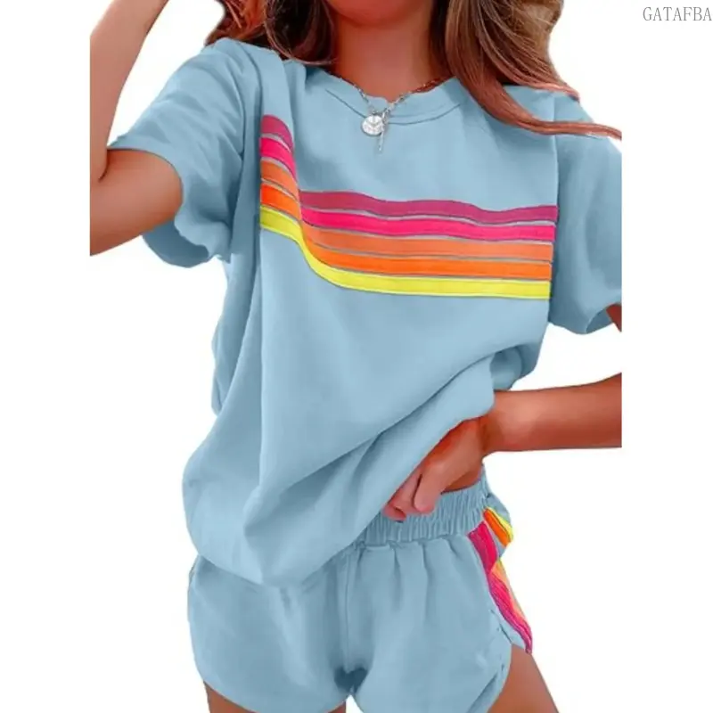 Women's 2-Piece Rainbow Stripe Outdoor Outfit Set, Loose Fit Short Sleeve Round Neck Crop Top and Matching Shorts, Lightweight Breathable Stretch Fabric, Casual Sportswear for Daily Outdoor Activities