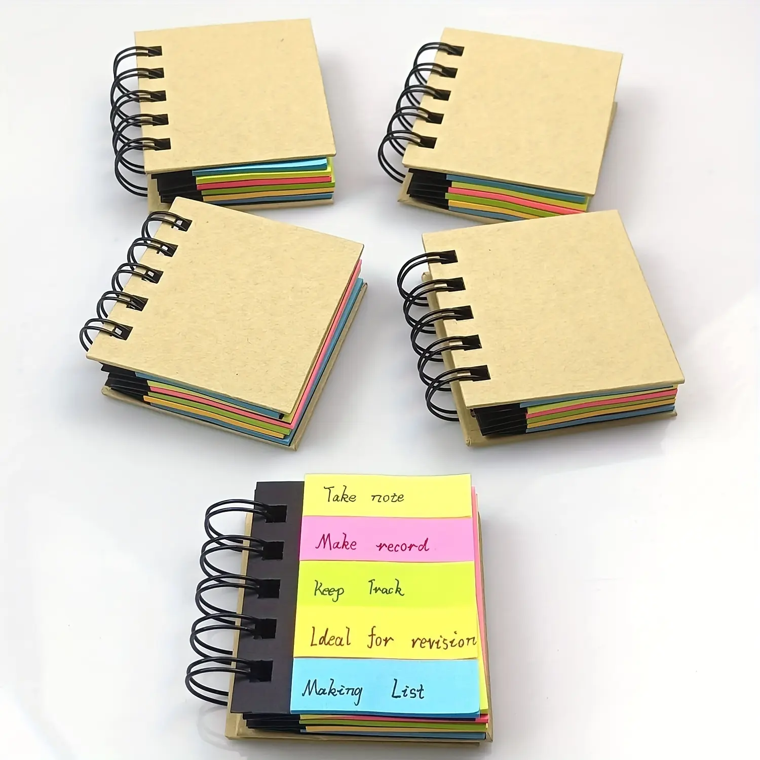 Colorful Spiral Sticky Notes - 250 Sheets in 5 Vibrant Colors, Self-Adhesive Notebook with Brown Cover, 3.3" x 3" Page Size, Compact & Portable for Office, Home, or School Use